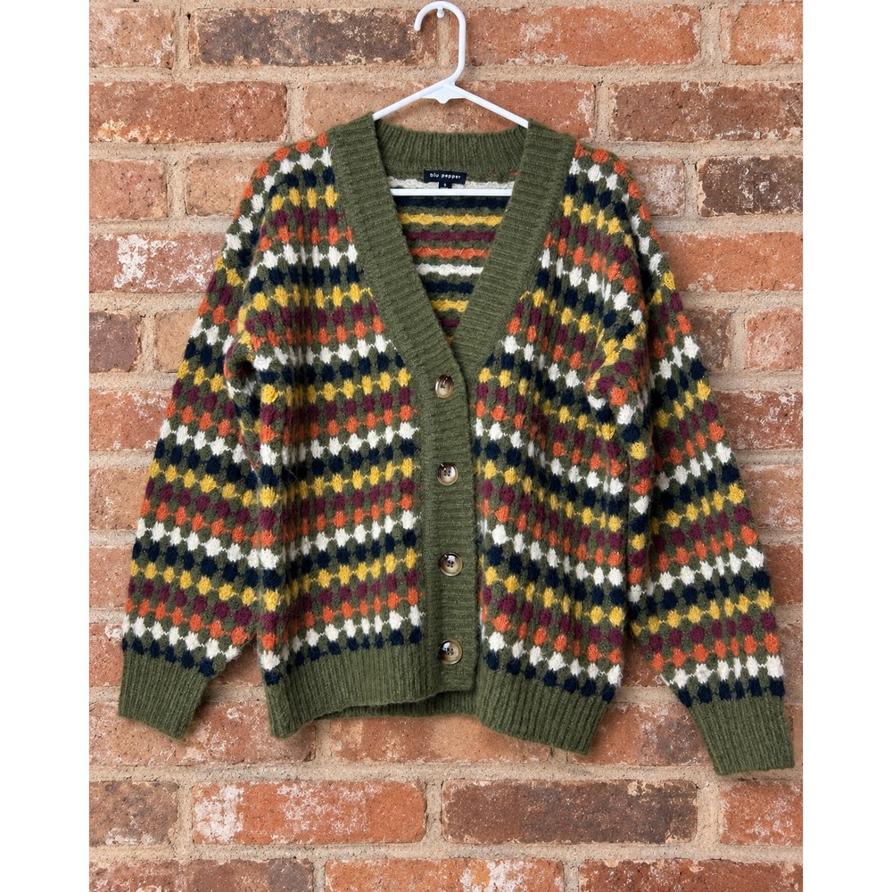Geometric Diamond Knit Cardigan Sweater S Wool Blend Boho Eclectic Grandma Fall